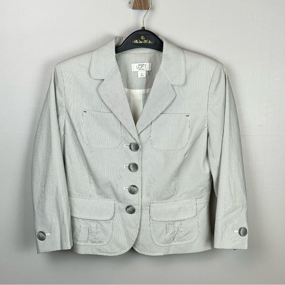 Loft Seersucker Stripe Blazer Jacket Blue Gray 2 Petite